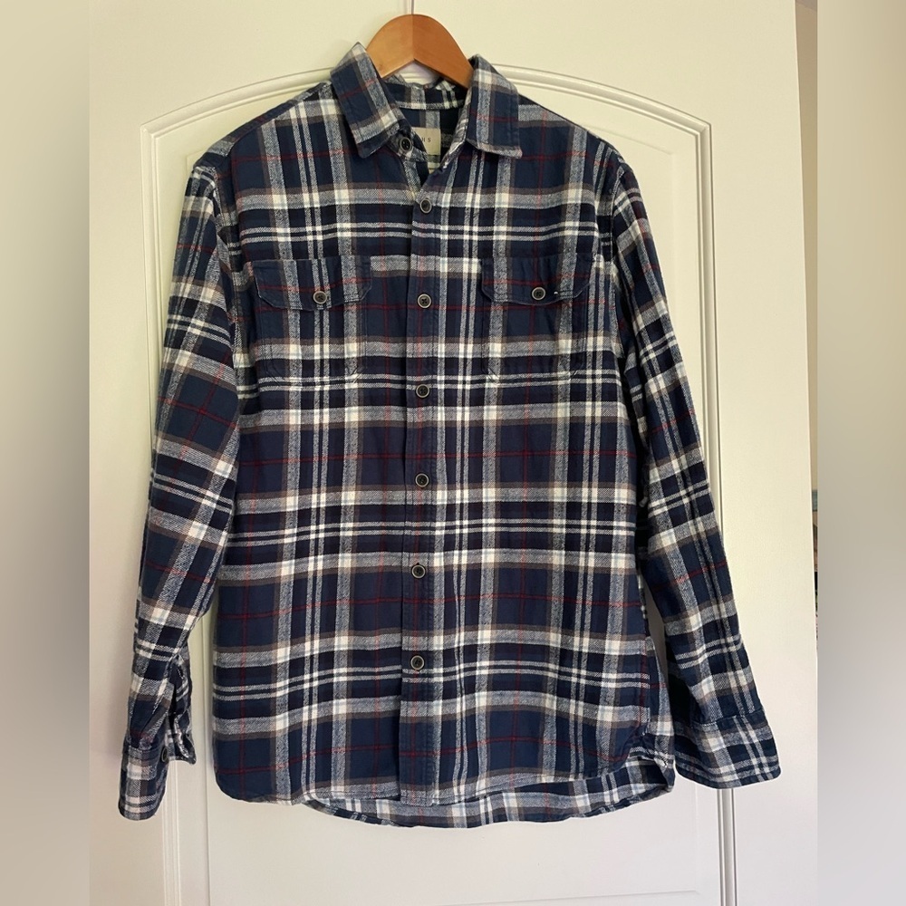 JACHS Men's Button-Up Shirt M Blue White Red Plaid Flannel Cotton Pockets